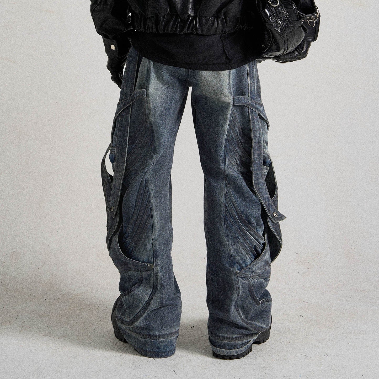 Deconstructed Multi-Strap Wide-Leg Jeans