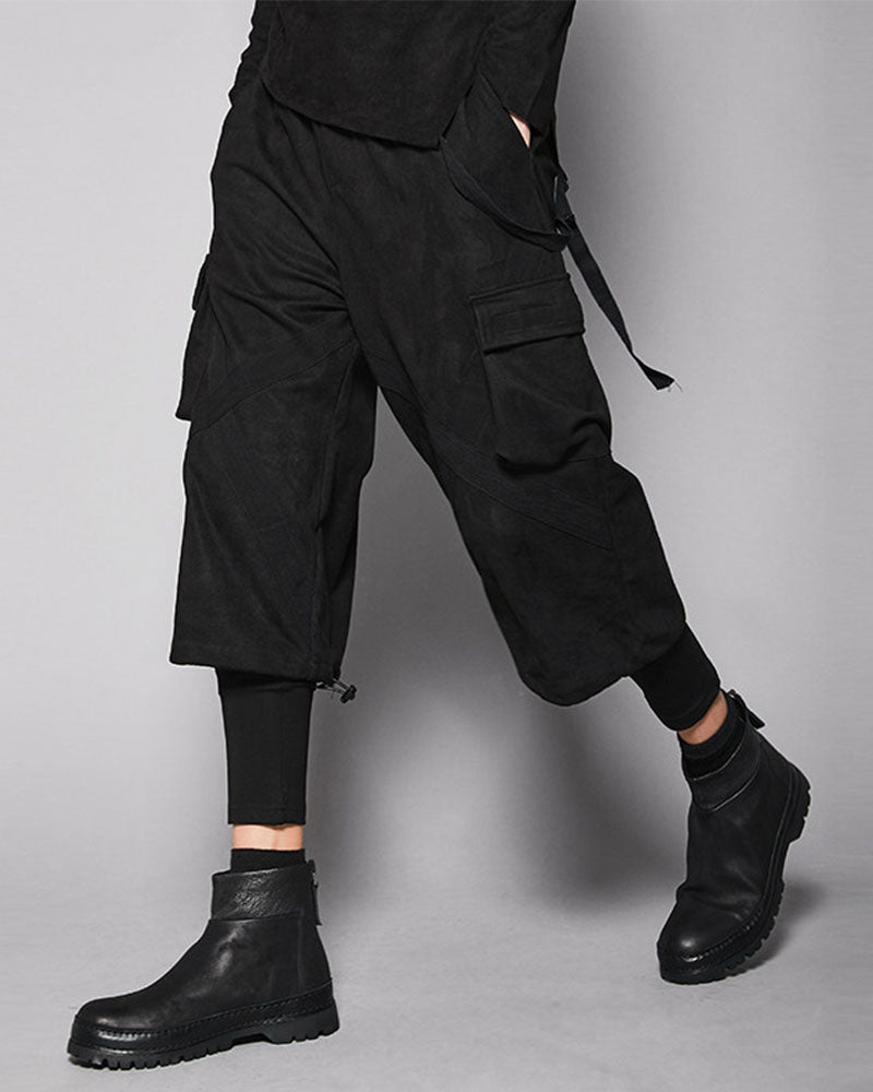 Modern Japanese Techwear Faux Suede Layered Cargo Pants