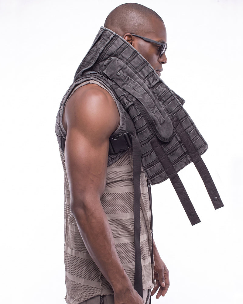 Post-Apocalyptic Asymmetric Pleated High-Neck Utility Vest