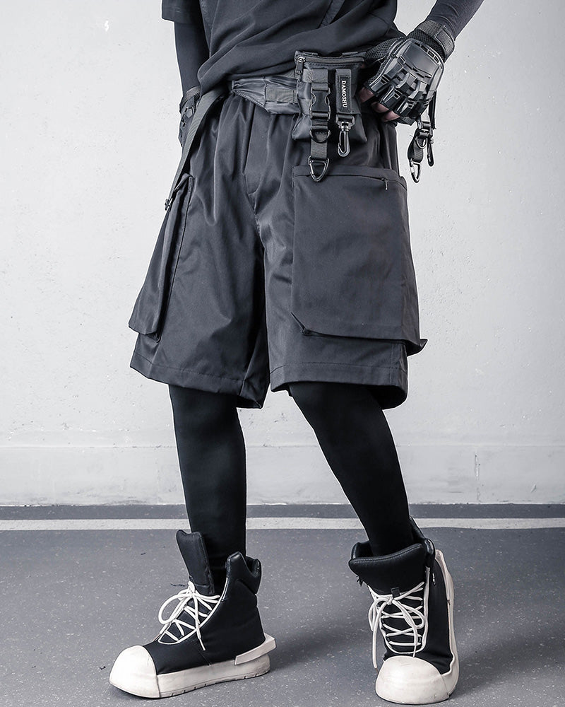 Black Techwear Multi-Pocket Cargo Shorts