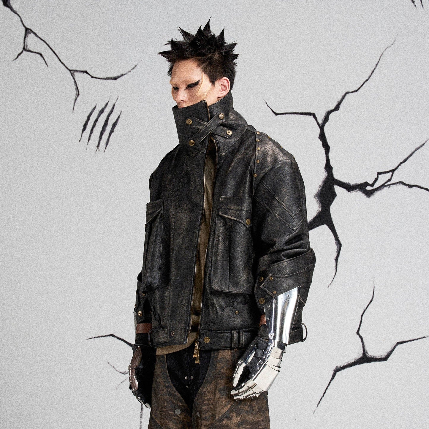Mutation Knight Armor Distressed High-Collar Faux Leather Jacket