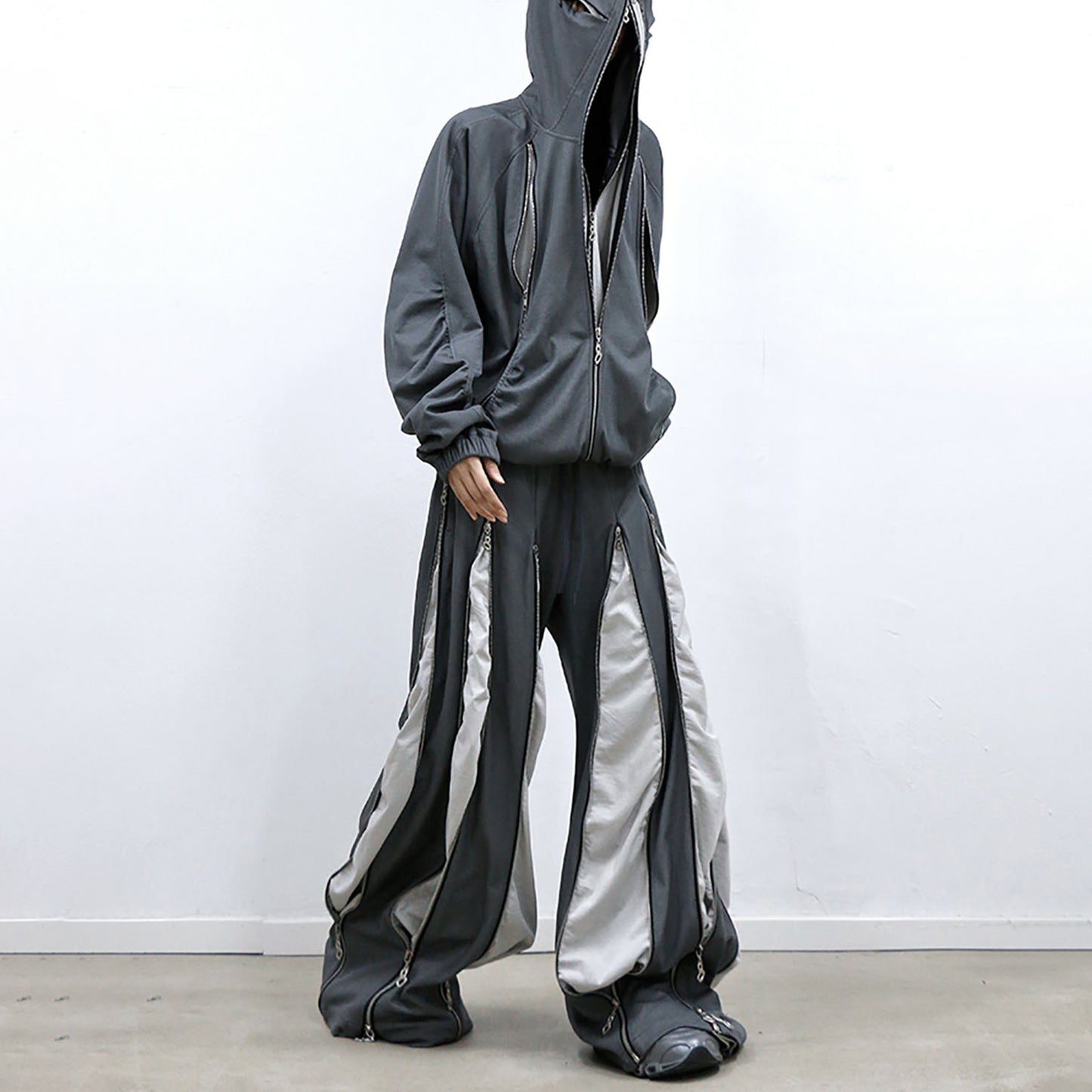 Layered Multi-Zip Drawstring Sweatpants Gray