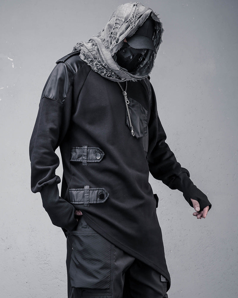 High-Street Techwear Asymmetric Patchwork Cargo Sweatshirt