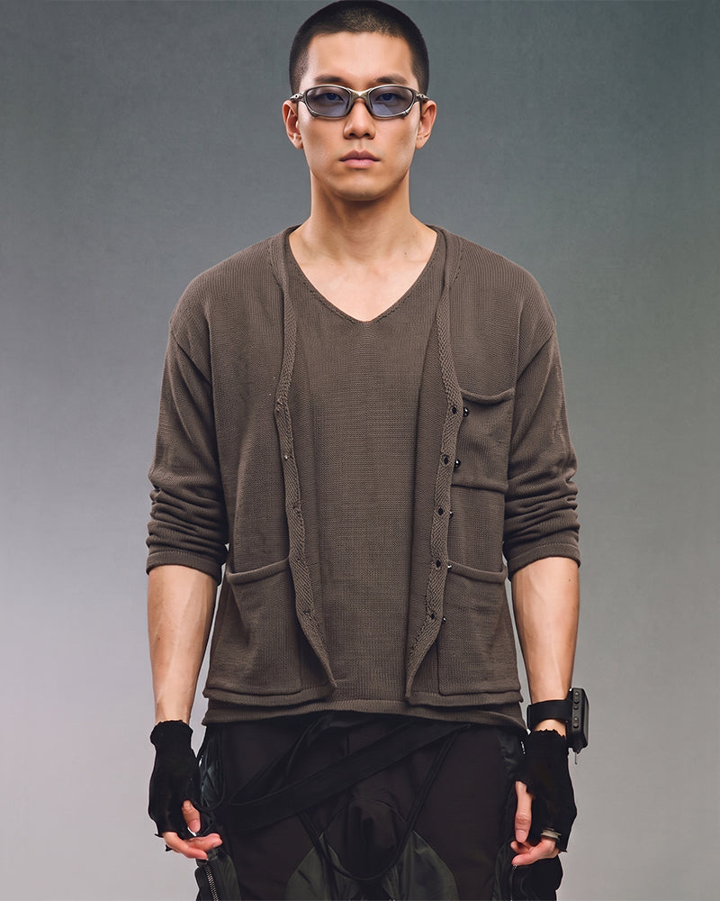 Post-Apocalyptic Faux Layer Buttoned Knit Cardigan