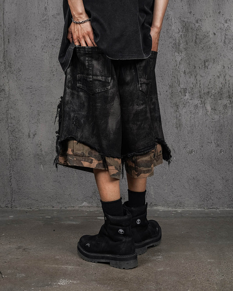 Double-Layered Ripped Camo Shorts Black