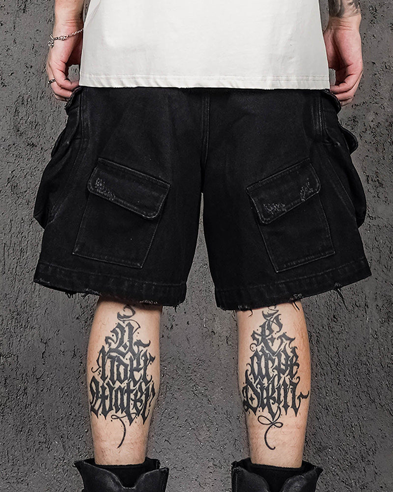 Layered-Pocket Distressed Denim Shorts