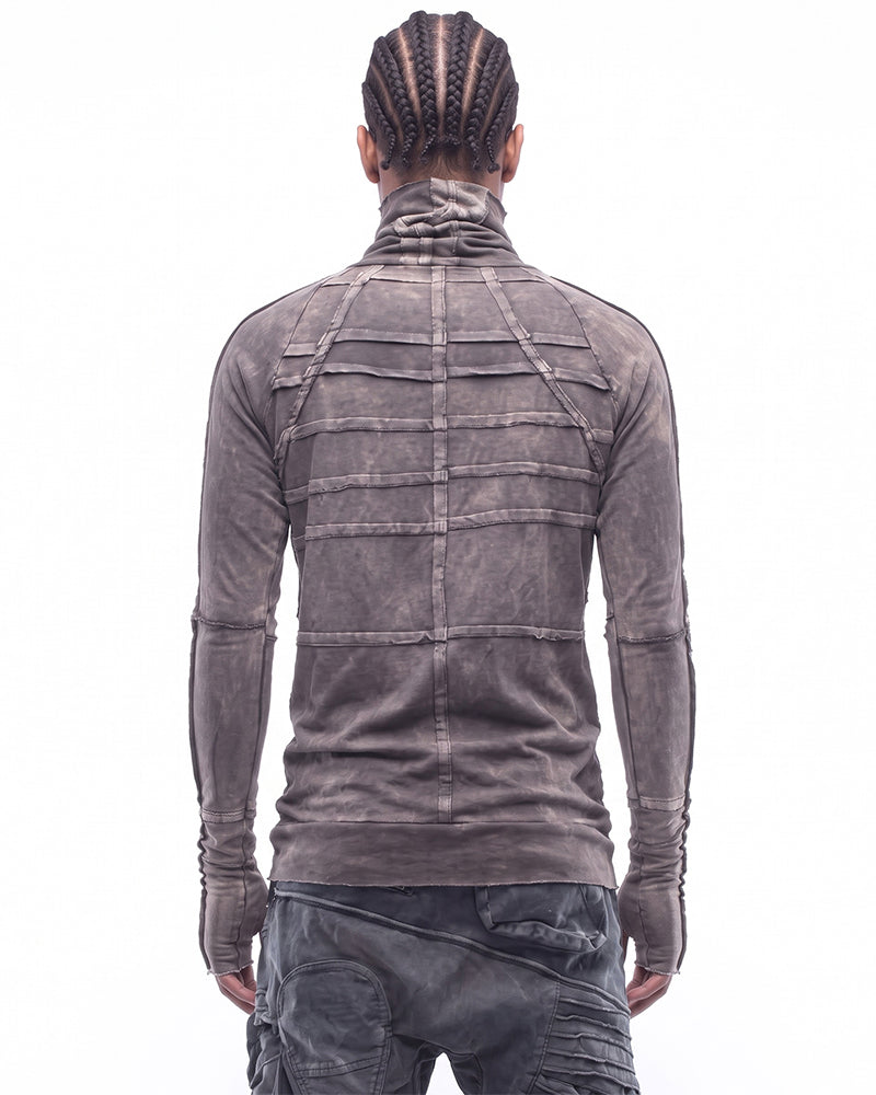 Dystopian Distressed Paneled Turtleneck Long Sleeve Top