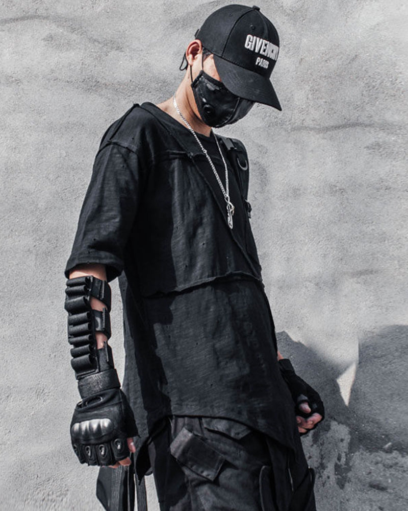 Asymmetric Patchwork Distressed Techwear T-Shirt