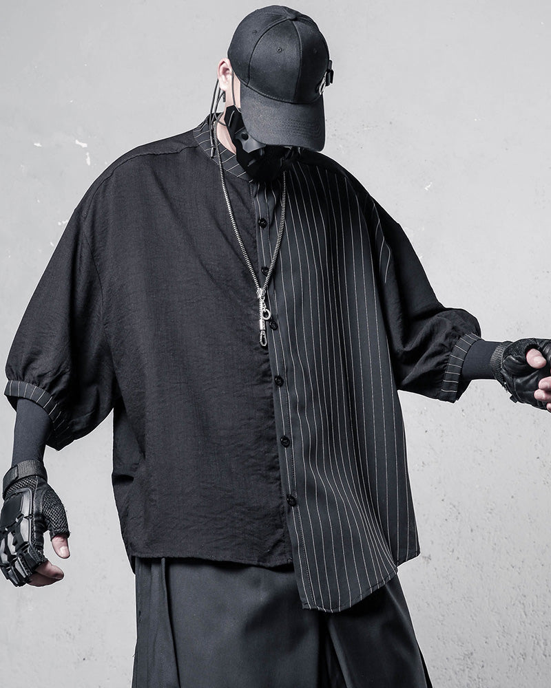 Japanese Style Asymmetrical Striped Patchwork Shirt