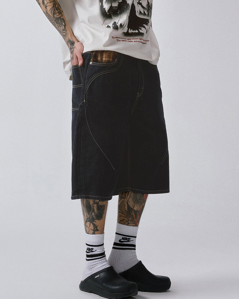 Check-Pocket Denim Shorts