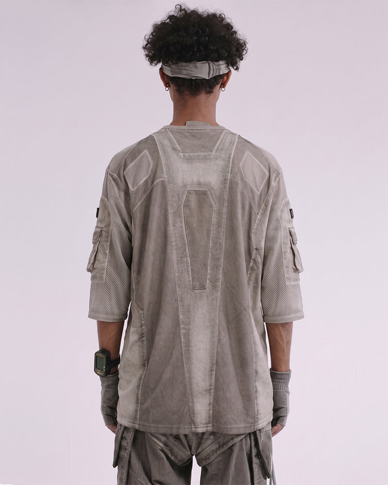 Dystopian Dirty-Dye Mesh Velcro Pocket Short Sleeve Tee