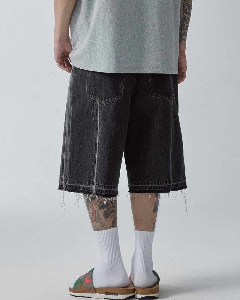 Washed Denim Panel Shorts