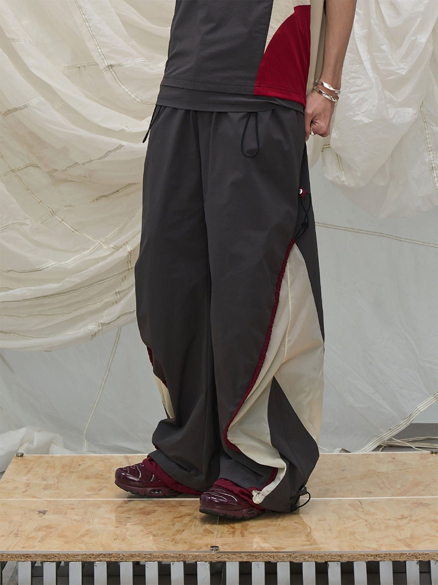 Contrast Spliced Fold-Side Drawstring Pants