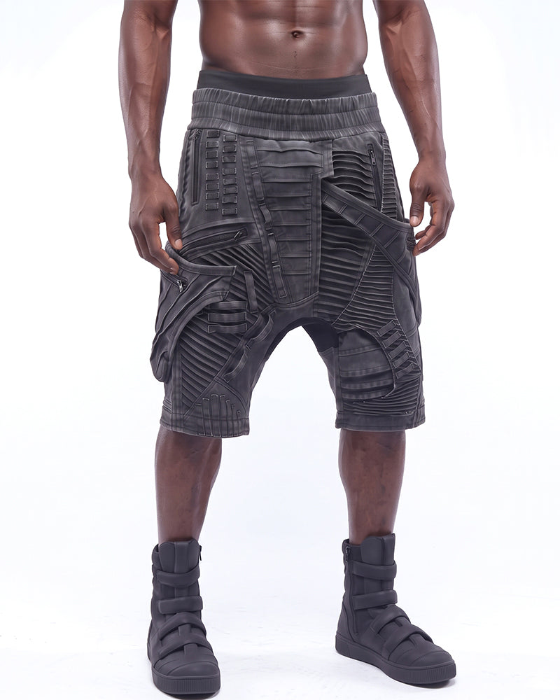 Wasteland Asymmetric Pleated Multi-Zip Drop-Crotch Shorts