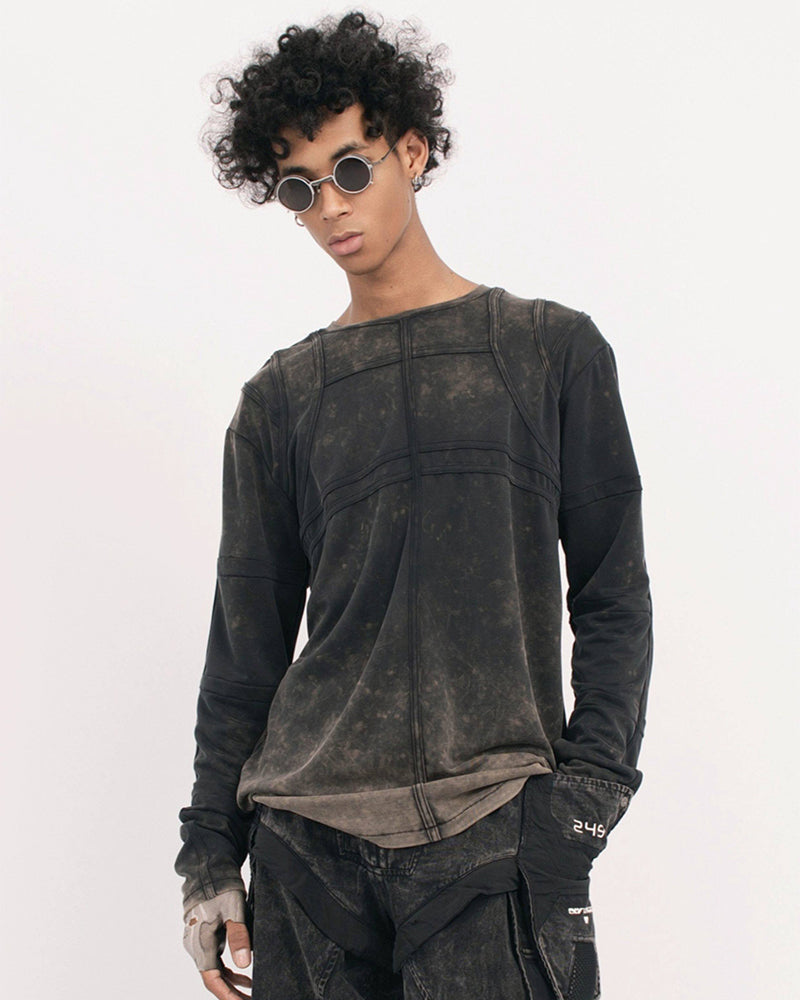 Washed Paneled Crew Neck Long-Sleeve Tee