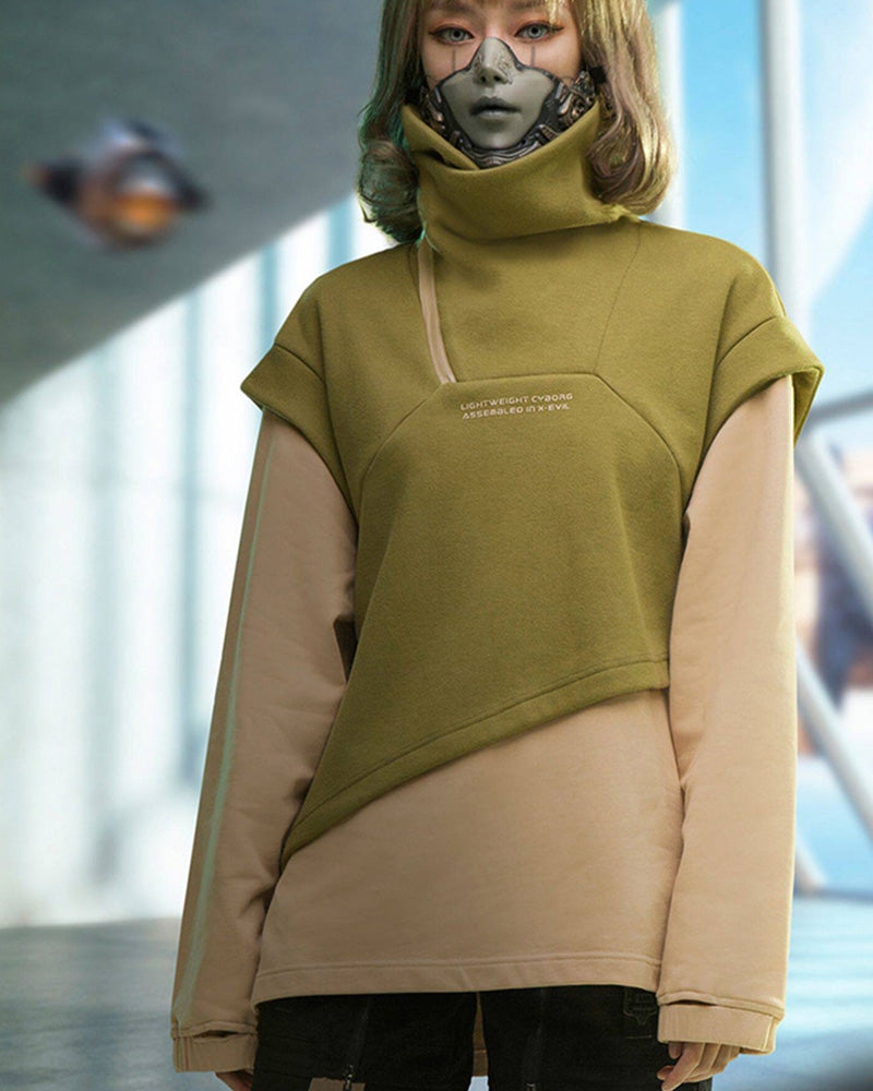 Cyberpunk Outfits Layered Fleece-Lined High-Neck Sweatshirt