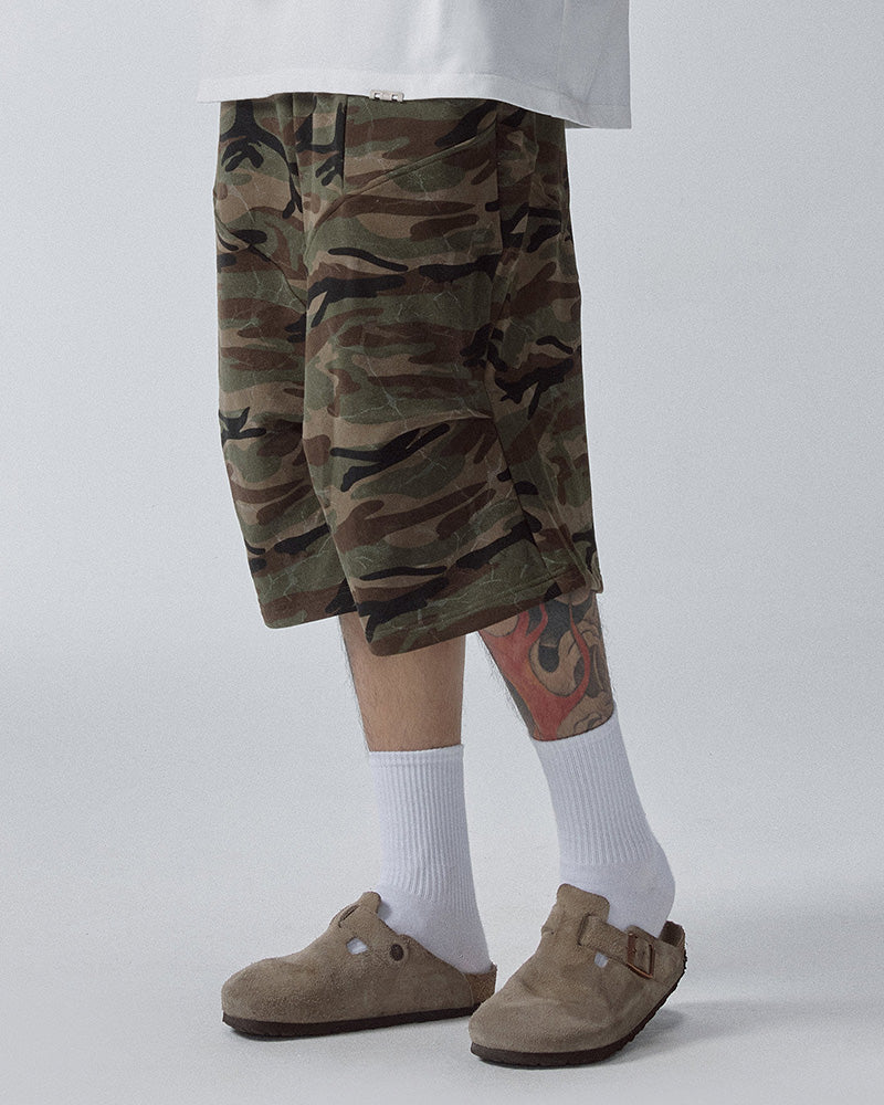 Washed Camo Oversized Curved Knee Shorts