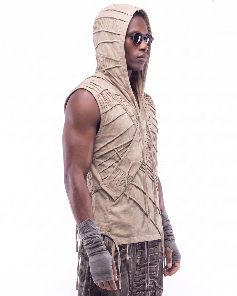 Wasteland Distressed Pleated Asymmetric Sleeveless Hooded Vest