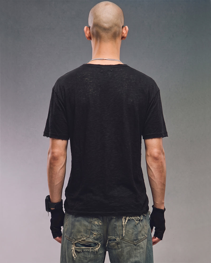 Minimal Raw Edge Button Short Sleeve T-Shirt