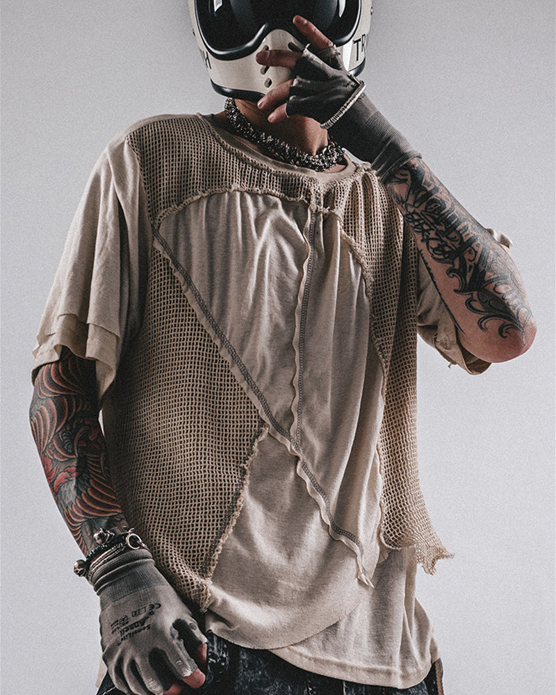 Wasteland Wear Distressed Dual-Layer Mesh Patchwork T-Shirt