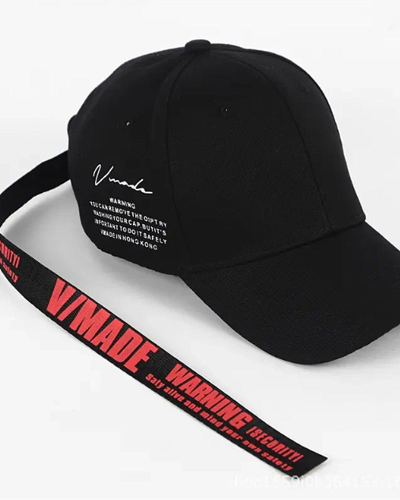 Techwear Long Strap Warning Print Baseball Cap