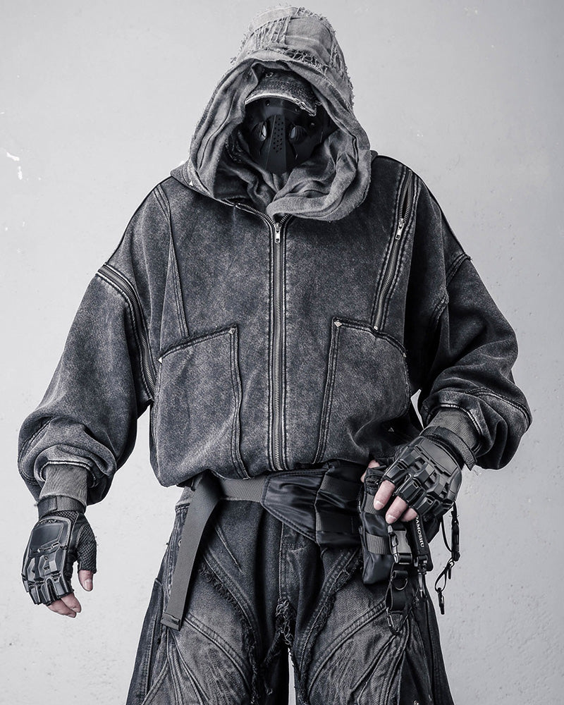 Wasteland Distressed Washed Multi-Zip Techwear Hoodie