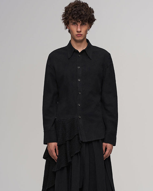 Asymmetric Drape Panel Ramie-Blend Shirt