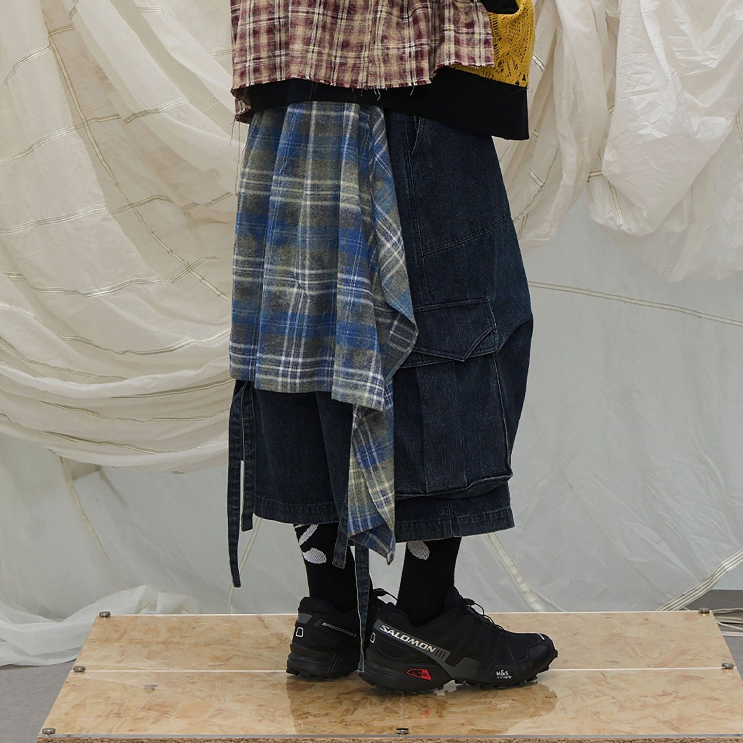 Detachable Plaid Drape Denim Shorts