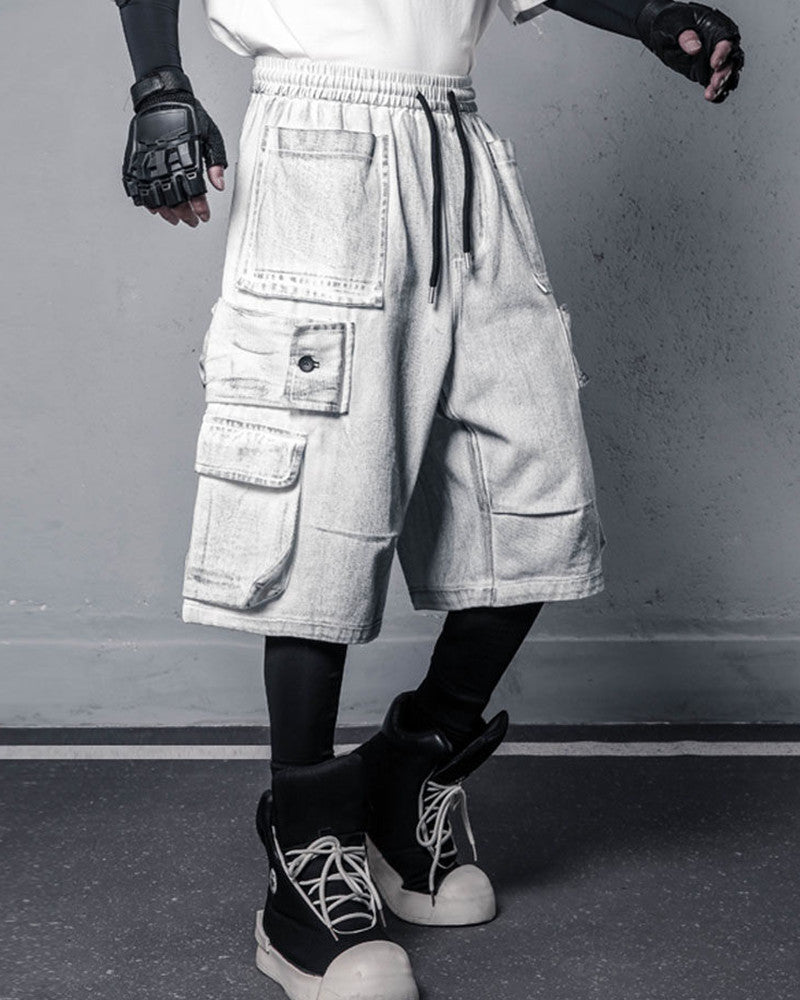 Washed Denim Multi-Pocket Cargo Shorts