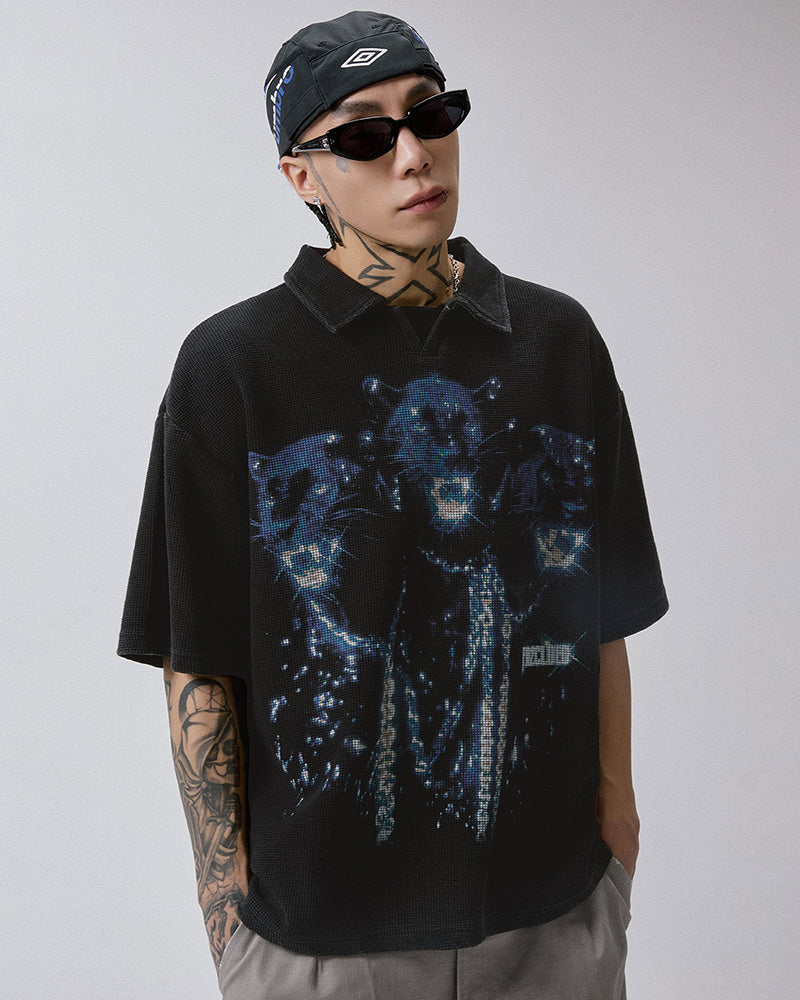 Washed Vintage Waffle Knit Polo T-Shirt