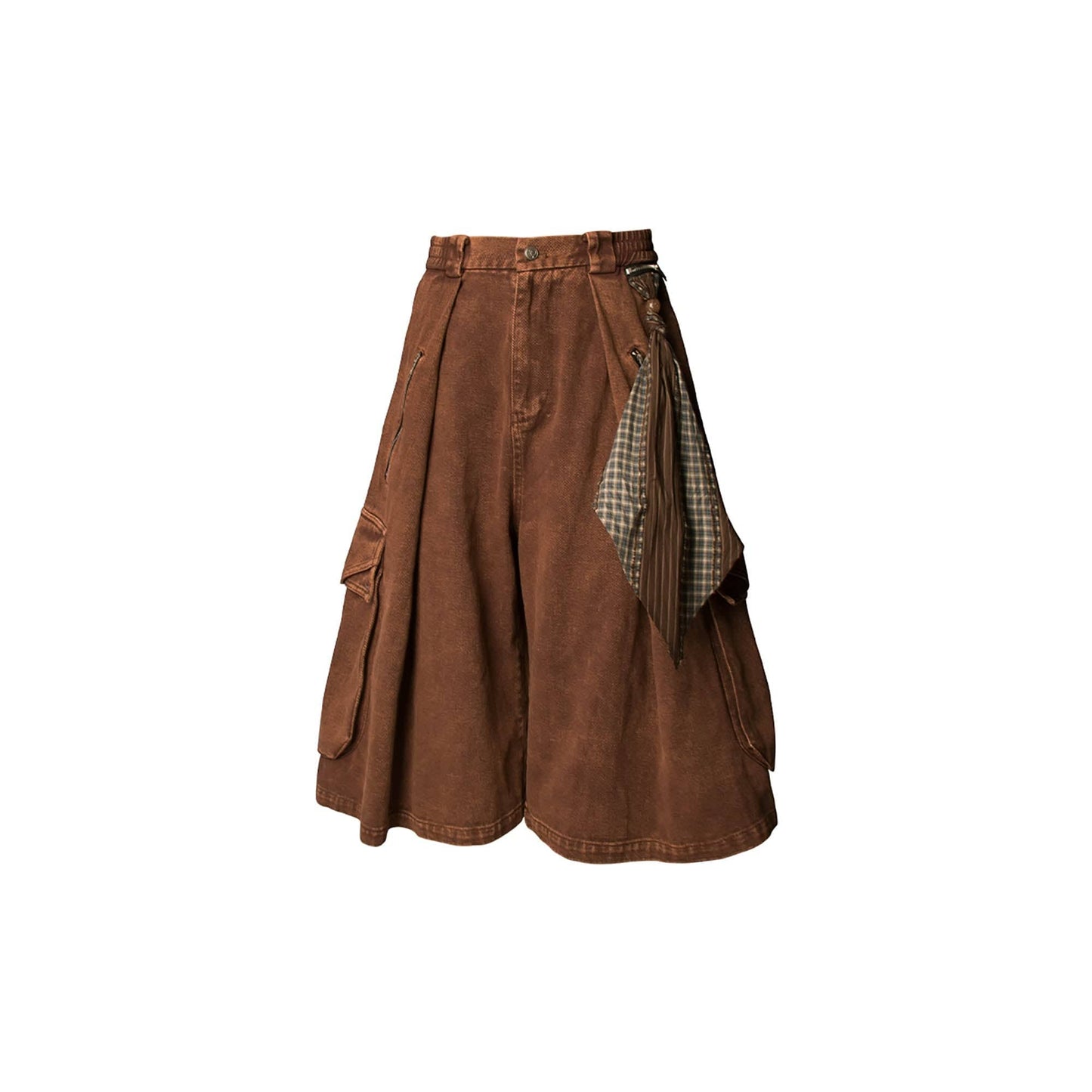 Detachable Scarf Washed Multi-Pocket Wide-Leg Shorts Brown