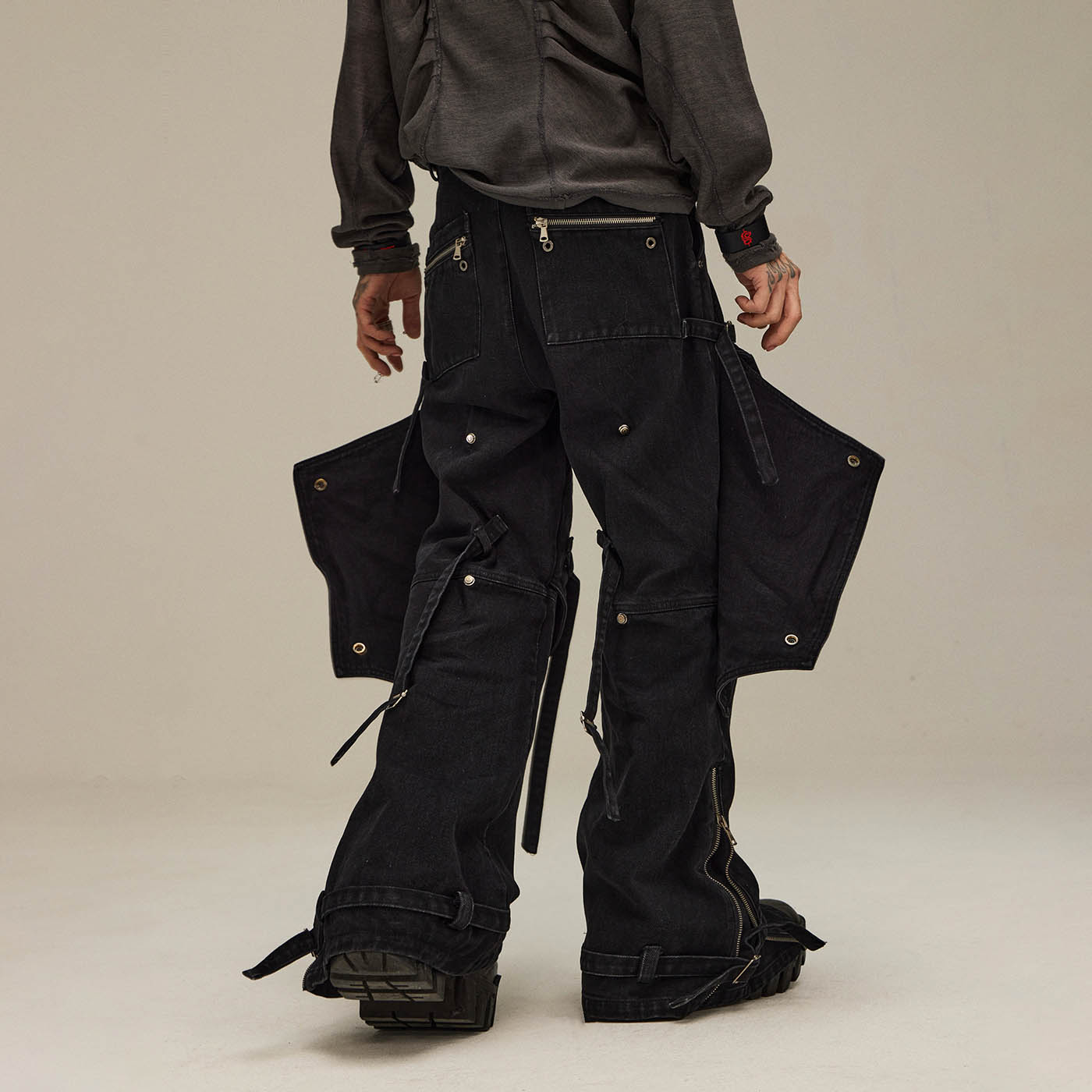 Spliced Faux-Layered Strap Zipper Pants