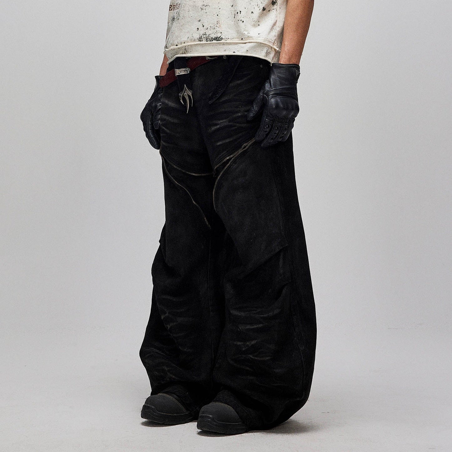 Distressed Waxed Zipper-Paneled Scimitar Pants