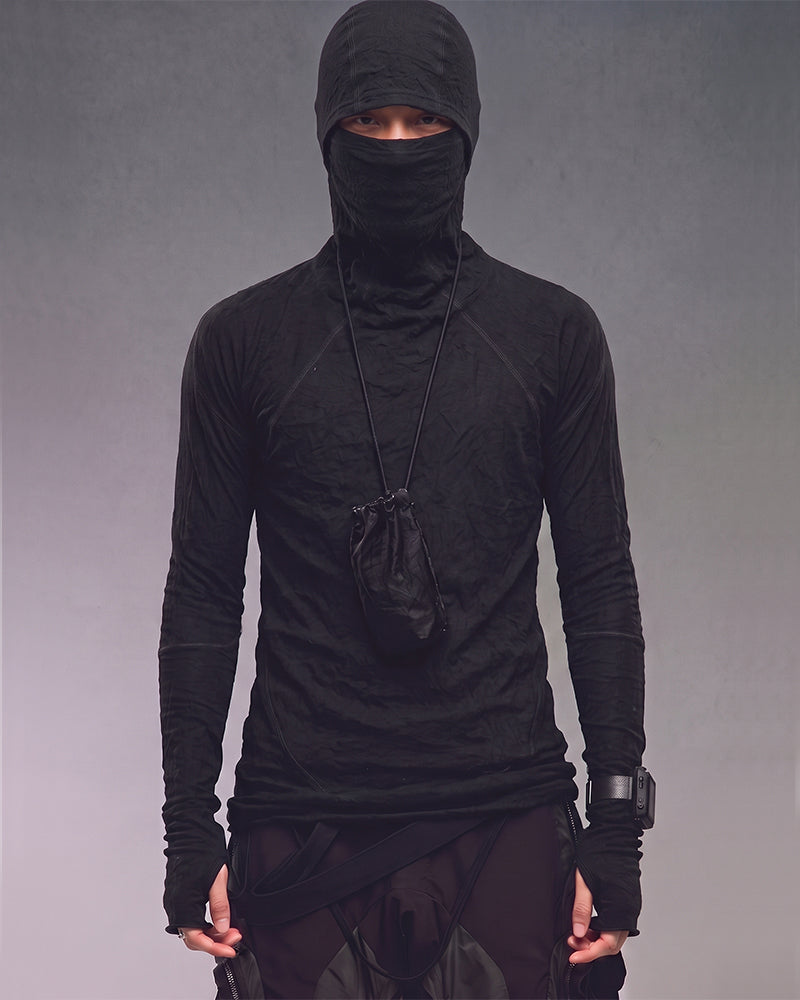 Dystopian Dark Hooded Masked Long Sleeve T-Shirt