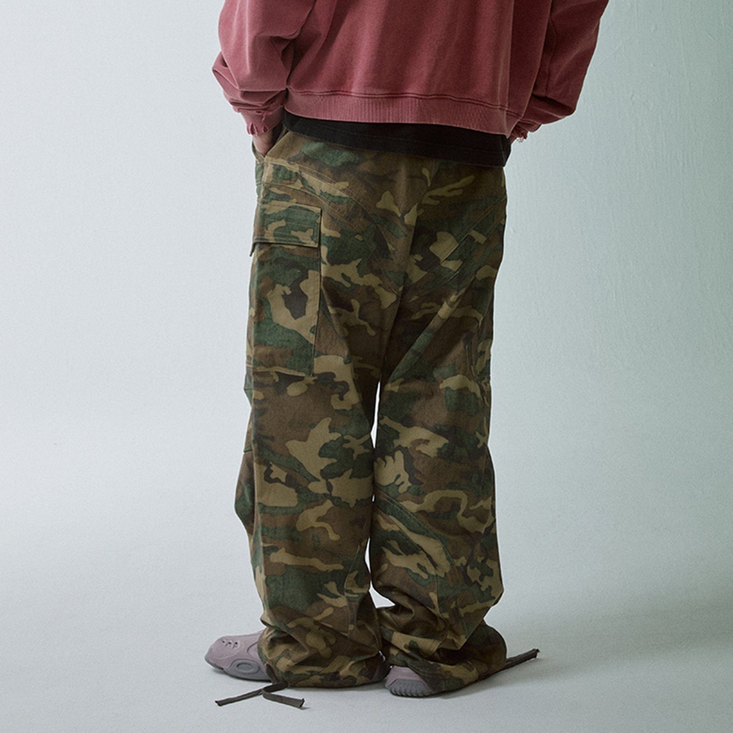 Wide-Leg Draw-String Camo Cargo Pants