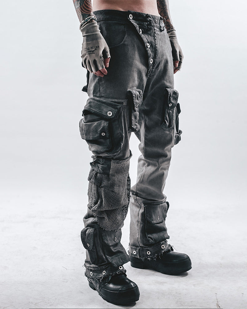 Asymmetric Spliced Distressed Cargo Pants