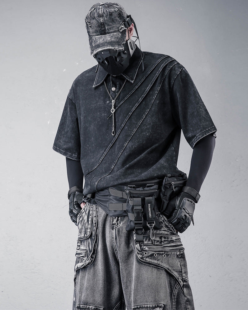 Washed Black Asymmetric Deconstructed Polo Shirt