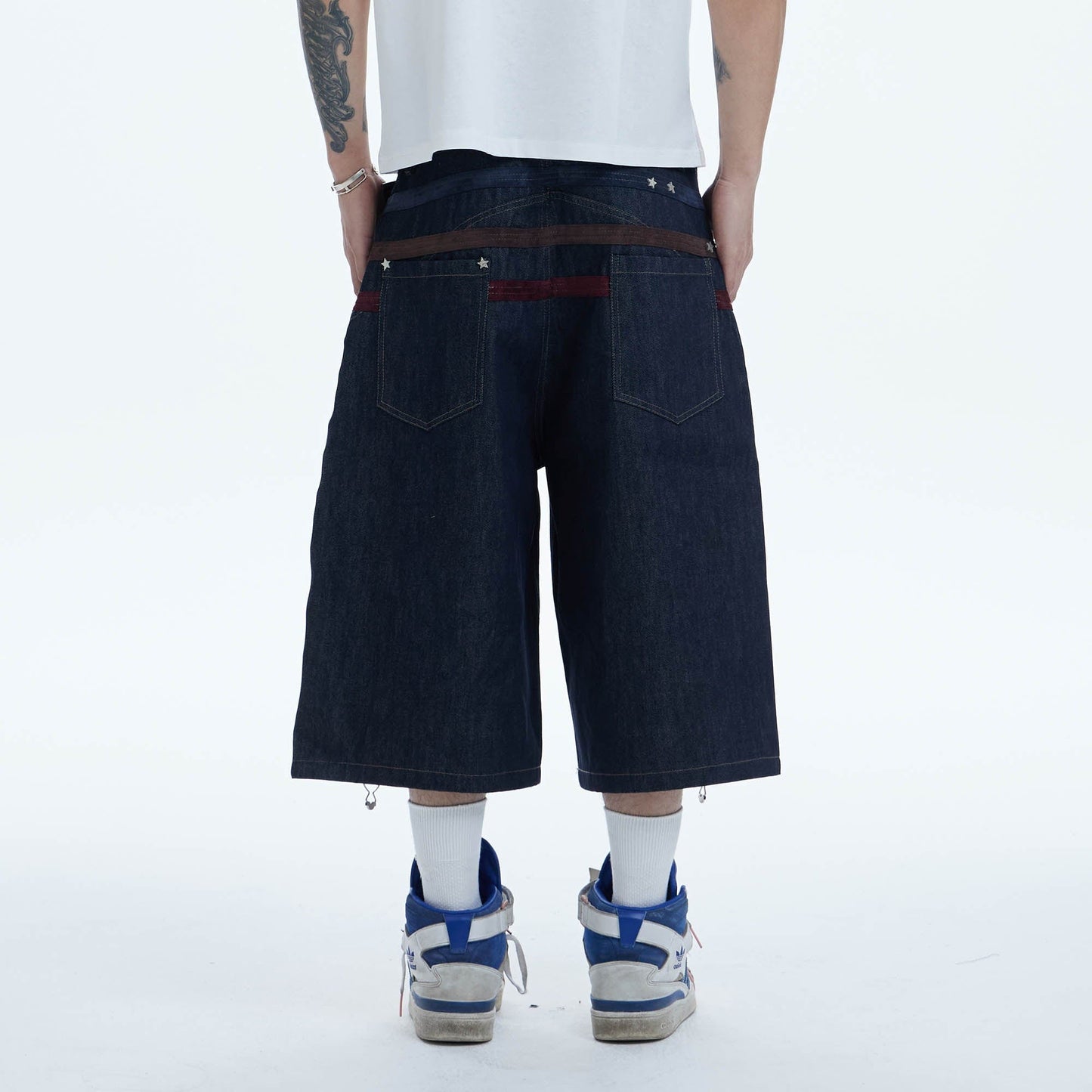 Star-Rivet Harness-Layered Denim Shorts