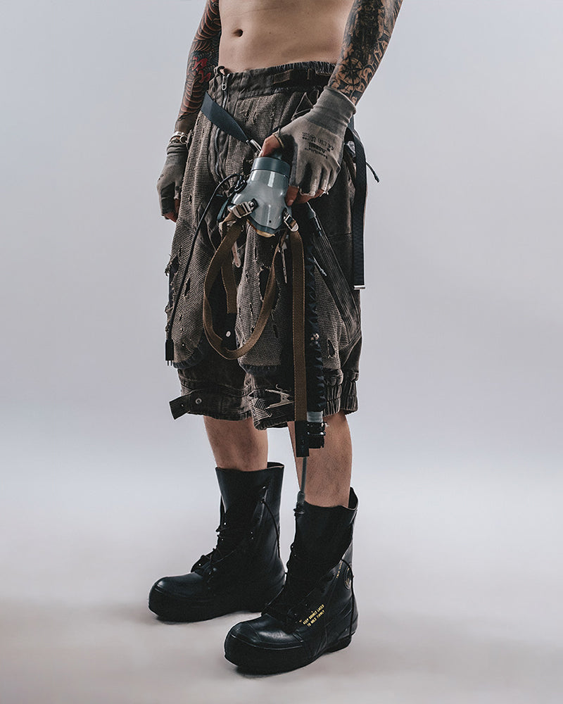 Post-Apocalyptic Distressed Mesh-Panel Shorts