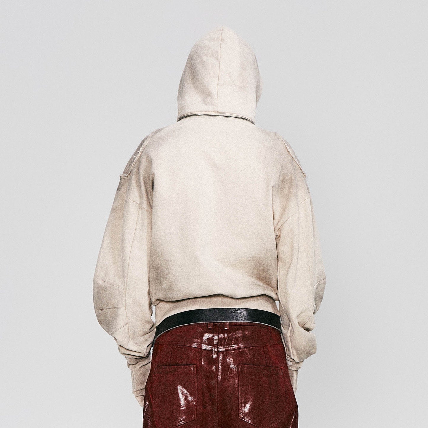 Distressed Detachable-Hood Glove-Sleeve Hoodie