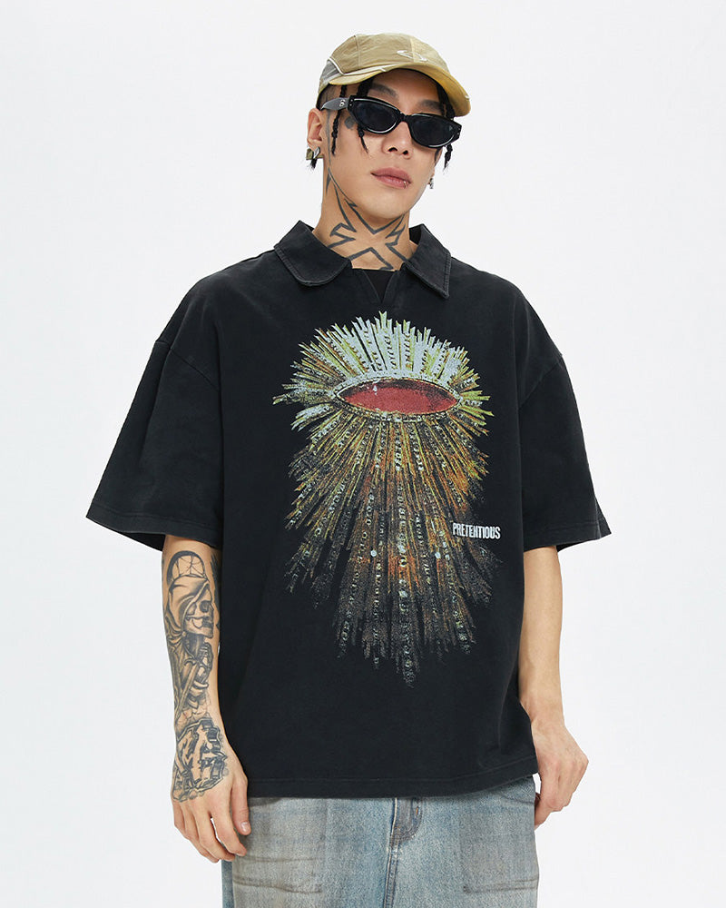 Washed Vintage Radiant Eye Print Polo T-Shirt