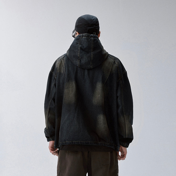 Washed Paneled Denim Hooded Jacket