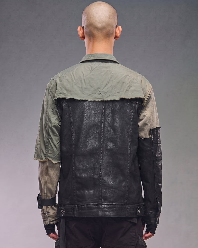 Post‑Apocalyptic Waxed Patchwork Deconstructed Denim Jacket