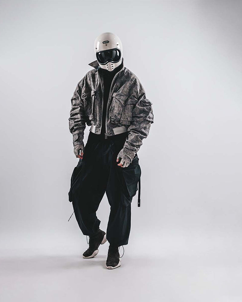 Acid-Wash Cropped Bomber Utility Jacket