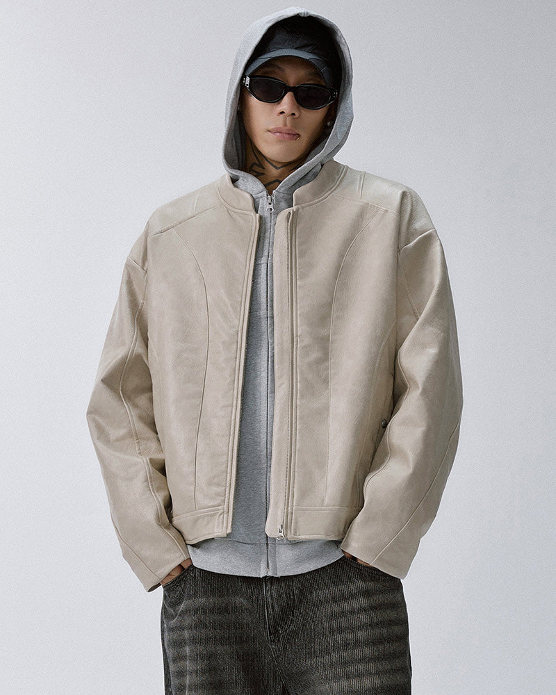 Vintage Washed Stand Collar Biker Jacket