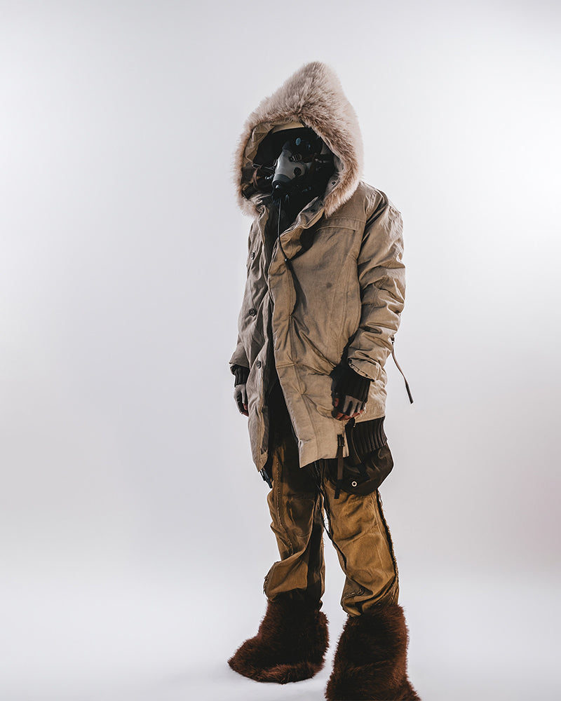 Post-Apocalyptic Hooded Snow Shearling Mid-Length Quilted Jacket