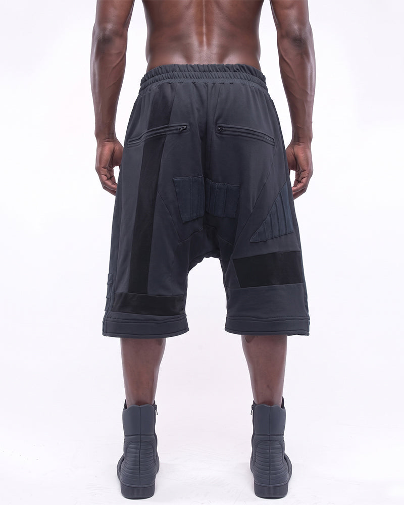 Post-Apocalyptic Deconstructed Paneled Drop-Crotch Shorts