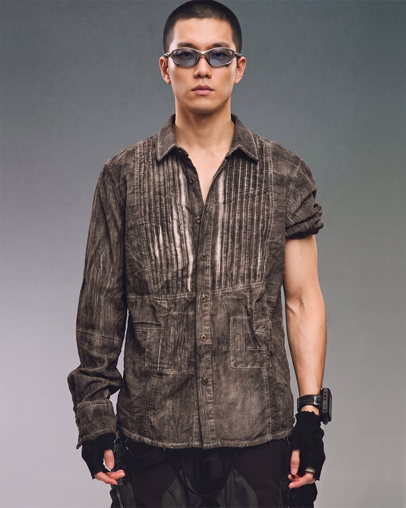 Post‑Apocalyptic Dirty Wash Distressed Pleated Shirt