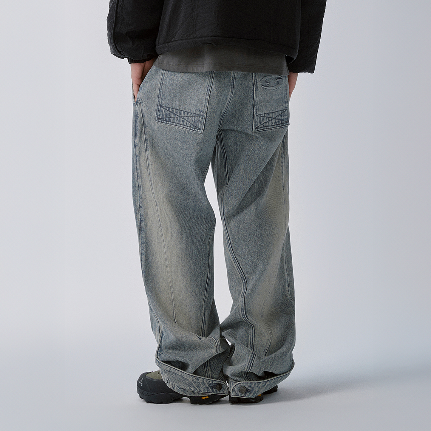 Washed Panel Adjustable-Hem Denim Pants