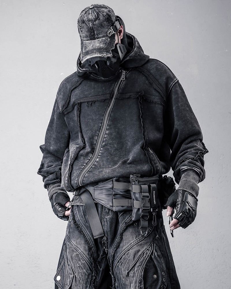 Washed Distressed Asymmetric Zip Techwear Hoodie